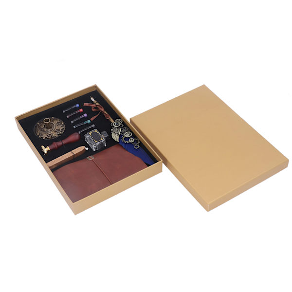 Feather Pen Set Retro Utsökt Fire Paint Wax Tom Bläckflaska Bläck Sac Bas Bok Stämpel Quill Pen Kit Royal Blue