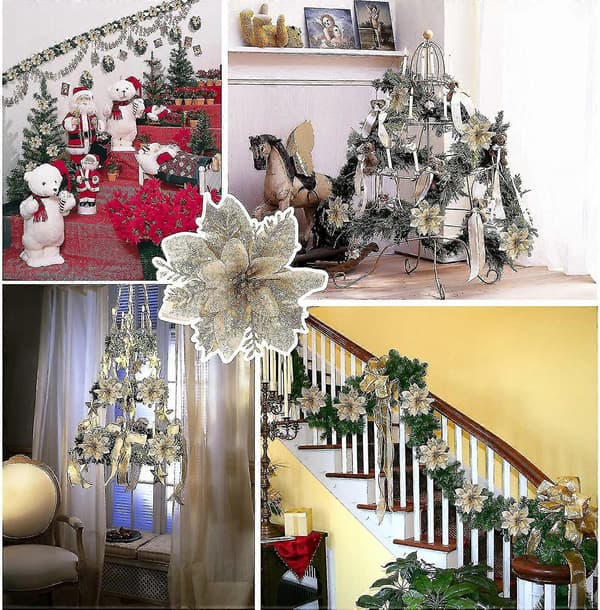 12 stk. kunstige julestjerneblomster, glitter juleblomster til bryllupsfest julepynt (guld)