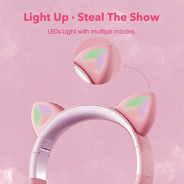 Söta gaminghörlurar med kattöron, trådlösa LED-stereoheadset av öronsnäckstyp, FM-radio TF-kort bluetooth-headset med mikrofon (rosa)