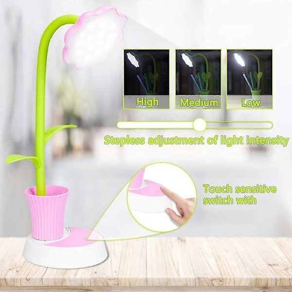 Skrivebordslampe for barn, LED-skrivebordslampe, dimbar nattbordslampe med berøringssensor, leselampe med pennholder