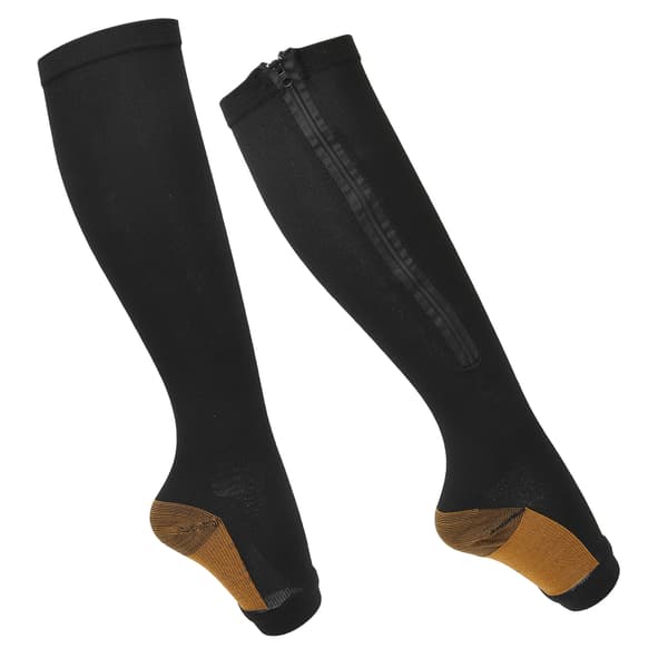 Kompressionsstrømper med lynlås, blød nylon, vaskbare, genanvendelige, åben tå, benformende strømper til kvinder, sort splejsning L/XL
