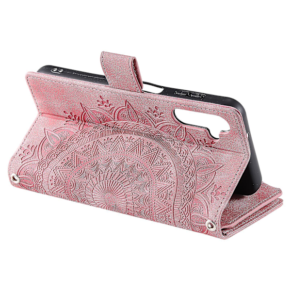 För Samsung Galaxy A54 5G PU Läder Mandala Blomma Präglat Handväska Blixtlåsficka Fodral Ställ Flera Kortplatser Flipskydd med Rem-B6 Roséguld