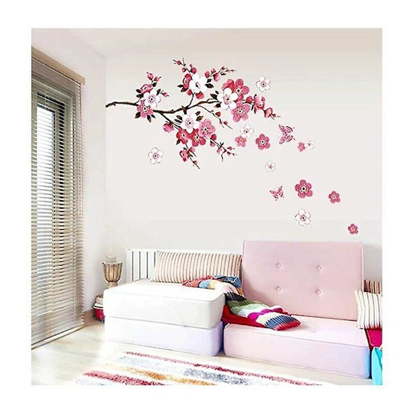 KÖRSBÄRSBLOMMOR väggdekaler med fjärilar rosa röd (120x50 cm) I sakura vinranka blommig gren träd självhäftande väggdekal för vardagsrum sovrum