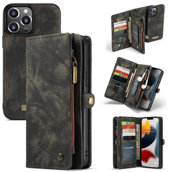 iPhone 16 CaseMe Wallet Case Magnetic Split Leather Black ash Black ash Svart aska