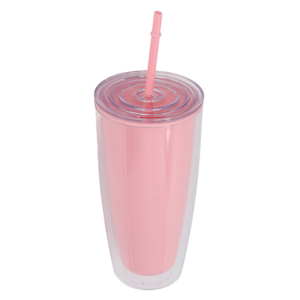 Dubbelväggig mugg med lock och sugrör 750 ml Dubbelväggig mugg med stor kapacitet Vattenflaska med bred öppning Splittersäker Rosa