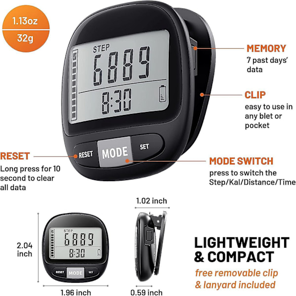 3D Stegmåler med Klips og Stropp for Gåavstand Kaloritracker 7 Dagers Minne Daglig Målskjerm Nøyaktig Stegtall