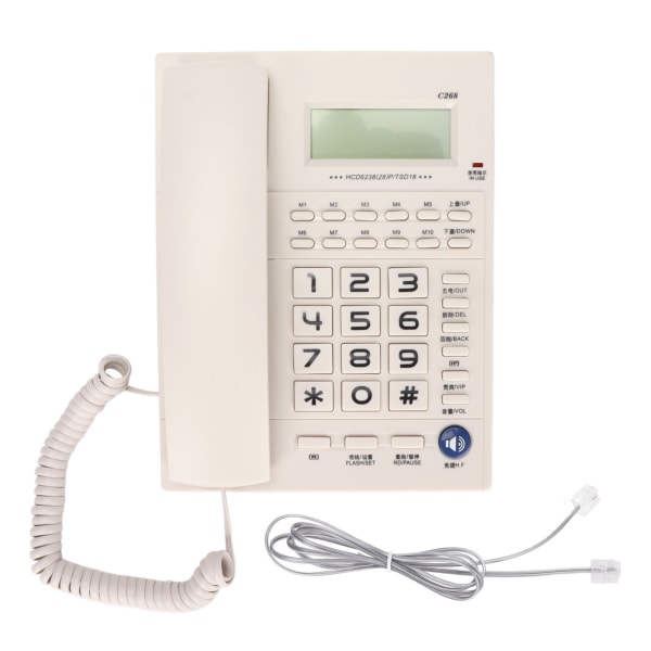 C268 Standardtelefon med ledning HD LED-skærm Håndfri højttalertelefon Fastnettelefon til hjemmekontor Hvid