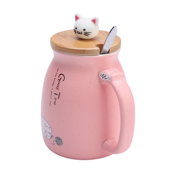 1 st söt katt keramisk kopp med sked och lock kaffe vatten mjölkmugg för dryckespresent (rosa)