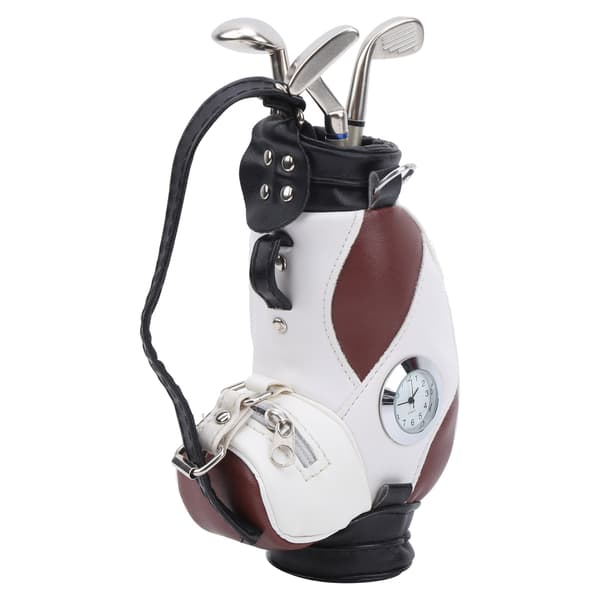 Mini Skrivbords Golfbag Pennklocka Zinklegering PU Läder med Golfpennor Souvenirset Present Brun Vit