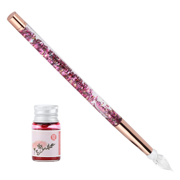 Glass Pen Holdbar, Vakker Bærbar Elegant Stil Blekk Skriving Dekorativ Kalligrafi Sett for Hjem Skole Glass Spiss Rosa