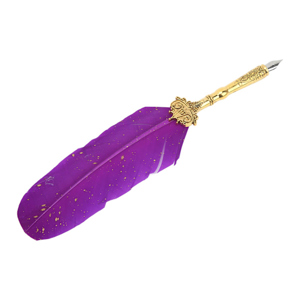Retro Feather Pen Set Presentförpackning Lila Klar Textur Rostfritt stål Graverad Spets Pole Quill Ink Pen Set