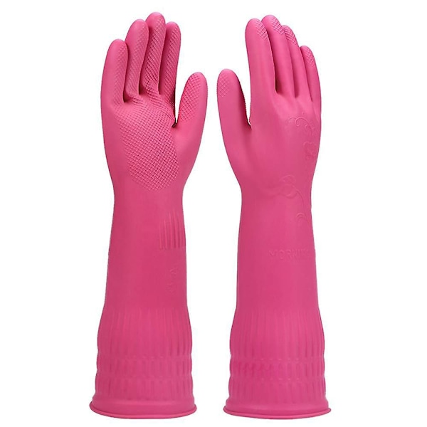 Kjøkkenoppvaskhansker i gummi, husholdningsrengjøringshansker, vanntette gjenbrukbare (Rose rød, Large)