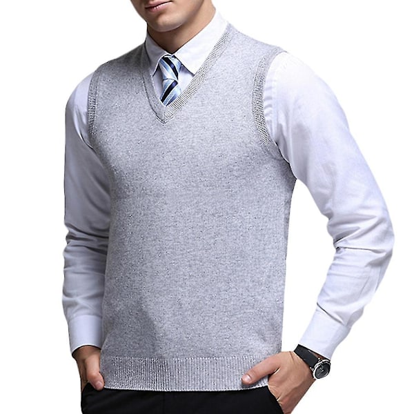 Solid Strikket V-hals Vest for Menn 2XL Lysegrå