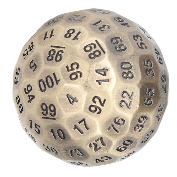 100-sidig polyhedral tärning i metall, 5 cm i diameter, lättläst, med sammetspåse, för personer över 14 år, mässingsfärg