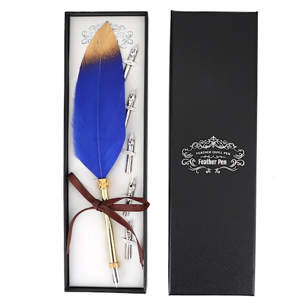 Retro Classical Style Feather Pen Kit Metal Calligraphic Pen Gift Box for StudentBlue