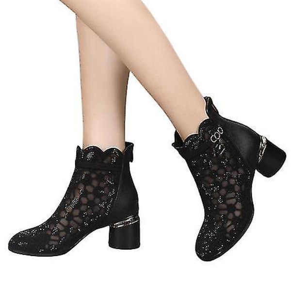 Mesh Chunky Heel Ankle Boots for Women41 BLACK