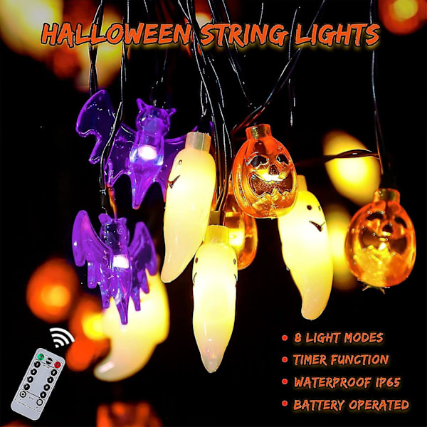 Batteridrevne LED Halloween-lyslenker - 3D Gresskar, Flaggermus og Spøkelseslys med Timer - 8 Lysmoduser Innendørs Halloween-dekorasjoner