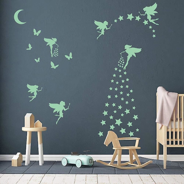 Glow in the Dark Stars and Moon Wall Stickers - Set of 4, Perfekt för pojkar och flickors sovrum, Fairy Elf Luminous Wall Decor