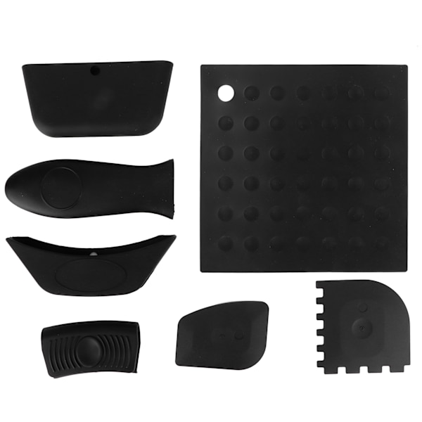 7 st/set grytunderlägg Anti-Scald Silikon Grill Pan Skrapa Handtagsskydd Set Kök TillbehörSvart