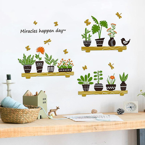Et sæt grønne plantevægstickers, potteplantevægstickers, aftagelige peel and stick kunstvægmalerier til soveværelse, stue, køkken, boligindretning