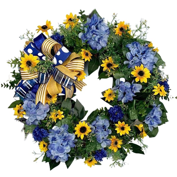 Blå og gule kranser, blomsterkrans, inngangsdør