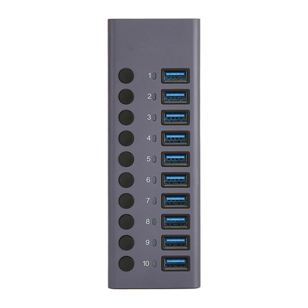 Strömdriven USB-hubb 10 portar individuell switch aluminiumlegering 5 Gbps överföring USB 3.0-hubb för PC bärbar dator HDD 100-240 V EU-kontakt