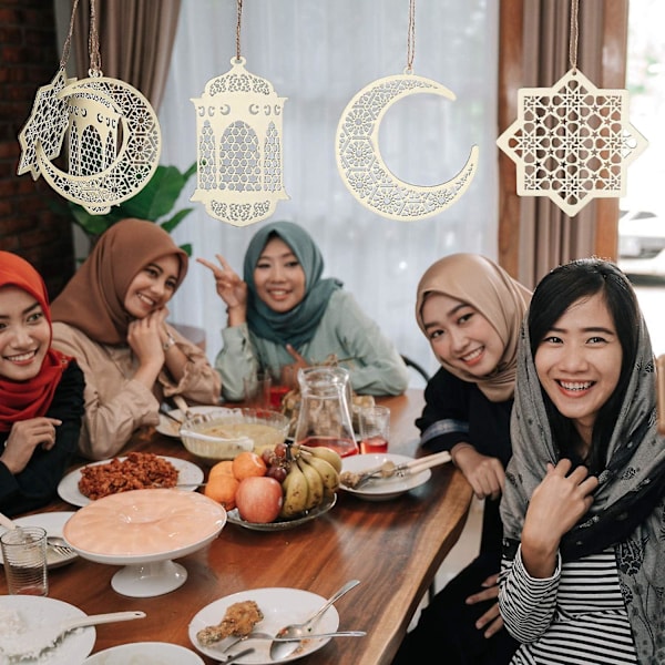 2 Sett 6 Stk Treanheng Ornament Ramadan Kareem Dekorasjon Måne Stjerne Vind Lys Form Anheng Ornament for Ramadan Mubarak Eid Dekorasjoner