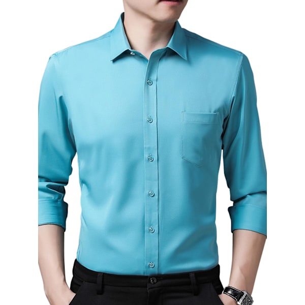 Slim Fit Peacock Green Button Down Dress Shirt for Men, Long Sleeve Casual Solid Turn Down Collar Shirt