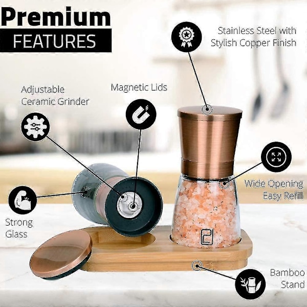 Premium Suola- ja pippurimyllysetti - Paras kuparinen ruostumattomasta teräksestä valmistettu mylly - 6 Oz Zekai