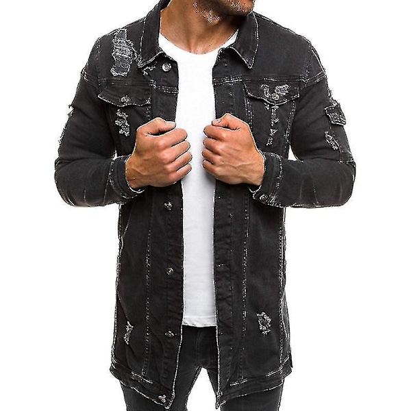 Fashionable Ripped Denim Jacket for Men, Perfect for Spring and Autumn L BLACK