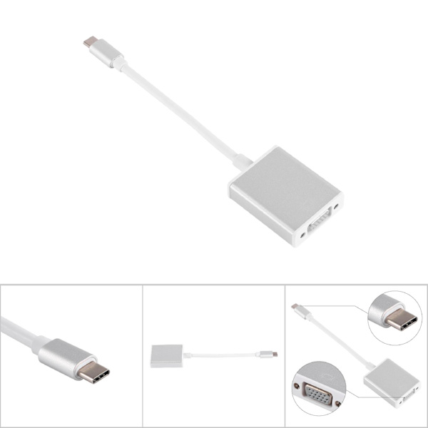 USB 3.1 Type C til VGA Video Adapter Konverter Kabel Ledning Stik Sølv