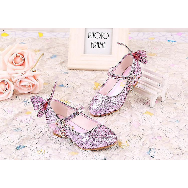 Piger Princess Glitter Høj Hæl Læder Sko med 3D Sommerfugl30 Pink