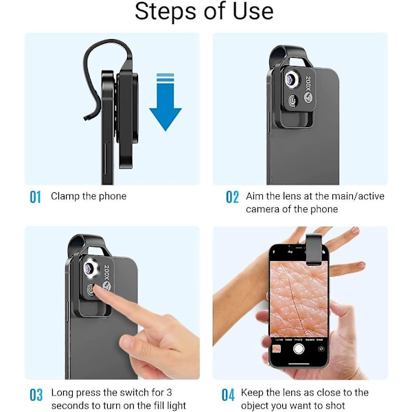 200x Lomme Mikroskop med LED Lys - Universal Klips, Bærbar Digital Mikroskop for 99% av Smarttelefoner (Svart, Uten)