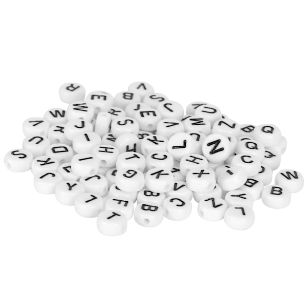 100 stk alfabetperler i akrylmateriale, oblate, sorte bokstaver, anheng, DIY-smykketilbehør