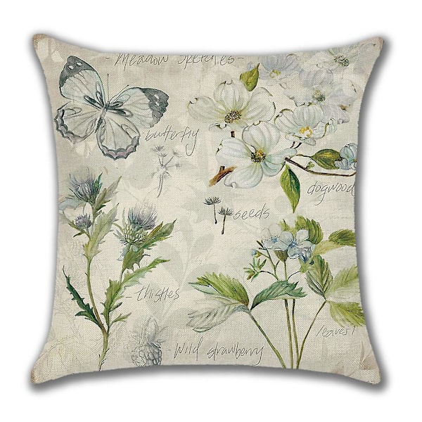 4 Pellavatyynynpäällisen setti 45x45 cm Kevät Vintage Akvarelli Linnut Kukat Vihreät Kasvit