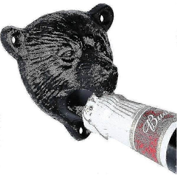 Veggfeste flaskeåpner i støpejern med grizzlybjørn som biter (svart)