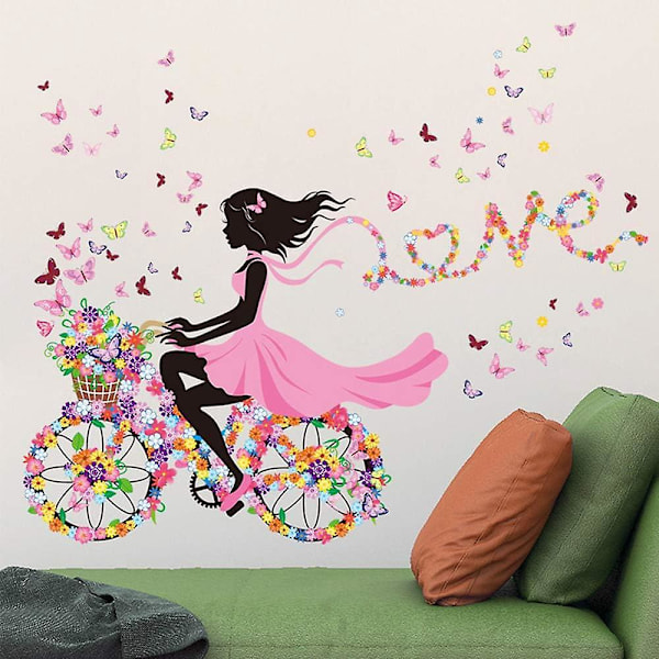 Smukke blomsterpige cykel vægklistermærker - Romantisk pige soveværelse indretning, DIY blomst sommerfugl tapet vægmaleri