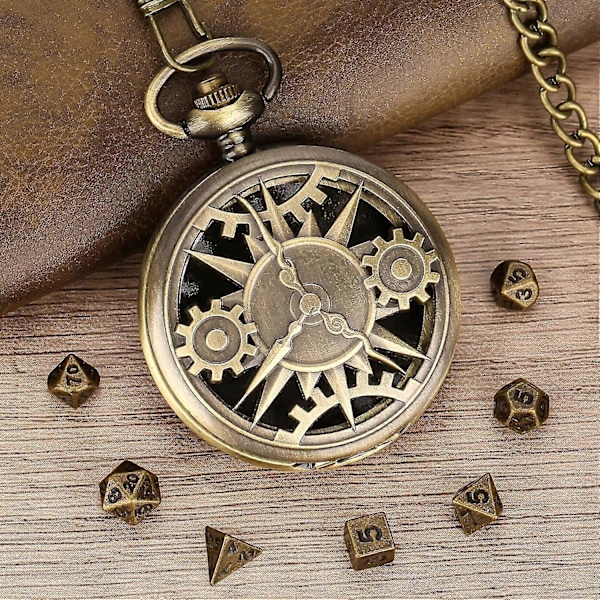 Mini DND Tärningsset med Steampunk Brons Ihåligt Fodral för Fickur, 7st Polyedriska Metalltärningar, Dungeons and Dragons Gåvor