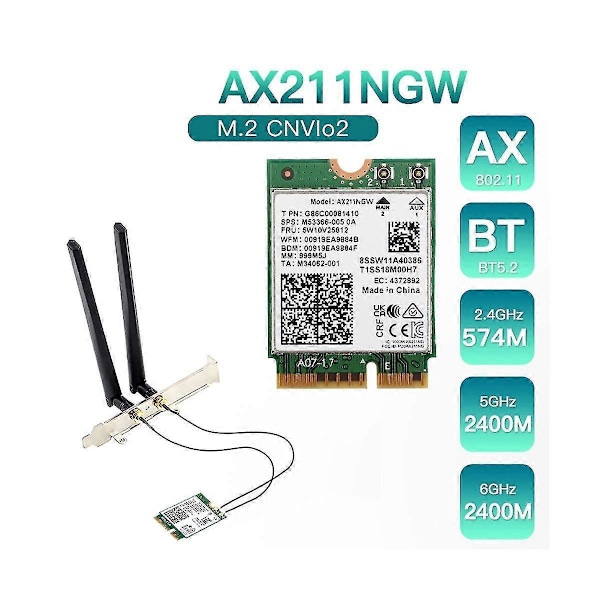 AX211NGW+Dual Antenn WiFi 6E M.2 Key E CNVio2 2.4Ghz/5Ghz Trådlöst Nätverkskort 802.11Ac Bluetooth