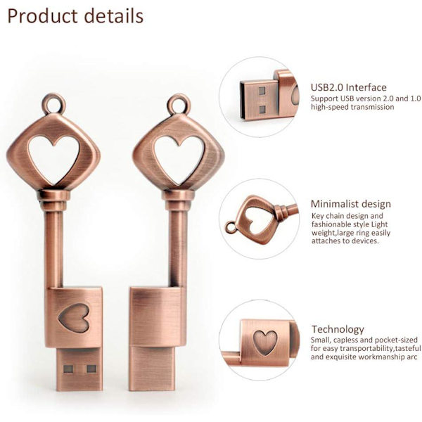 64 Gt:n USB -muistitikku, Vintage Metal Heart -muotoinen USB 2.0 -muistitikku