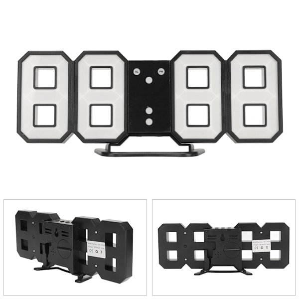 3D LED digital bordklokke med justerbar lysstyrke, slumrefunksjon, tidsminne, 12/24-timersvisning, dato og temperatur