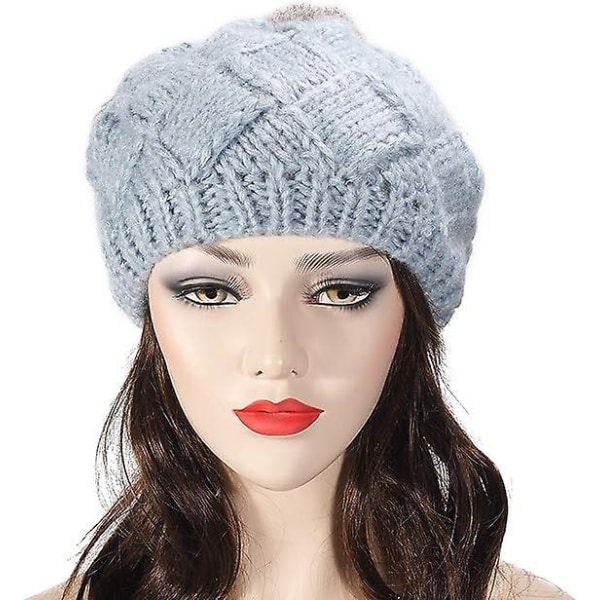Moderigtig blå strik baret hat med imiteret pels pompom til kvinder