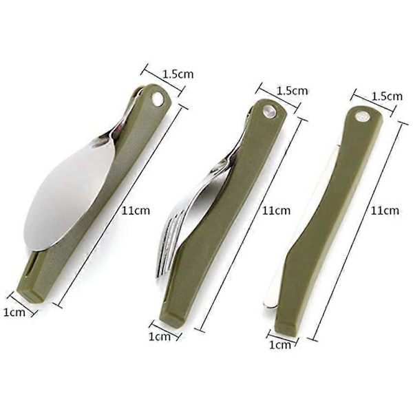 Dele - Sammenklappeligt bestik i rustfrit stål til camping, picnic, knive, gafler, skeer (Army Green)