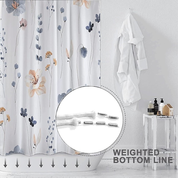 Dekorativt vannfarget blomster dusjforhengsett, blå beige blomster dusjforheng, moderne minimalistisk hvitt dusjforheng, vanntett stoff, 12 kroker