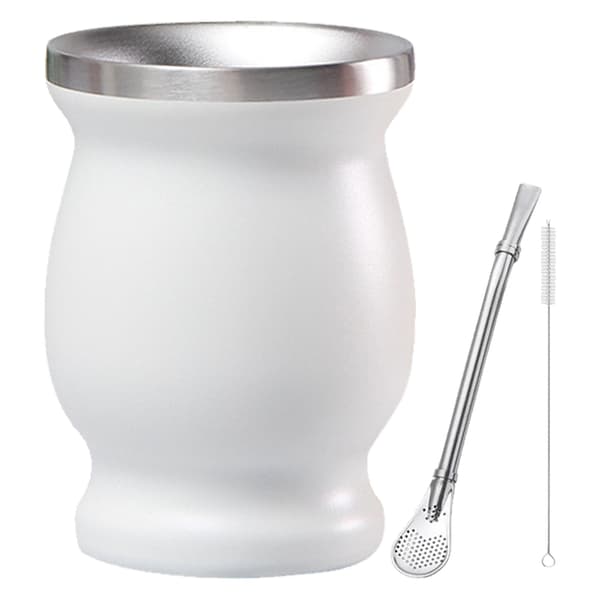 8oz 304 Rostfritt Stål Kalebassmugg Dubbla Lager Vakuumisolerad Mugg med Sugrörsborste Vit