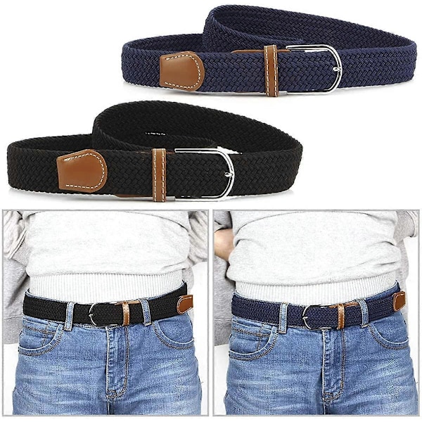 2-pack vävda stretchbälten för dam, blå + svart elastiskt bälte för herr för jeans och byxor