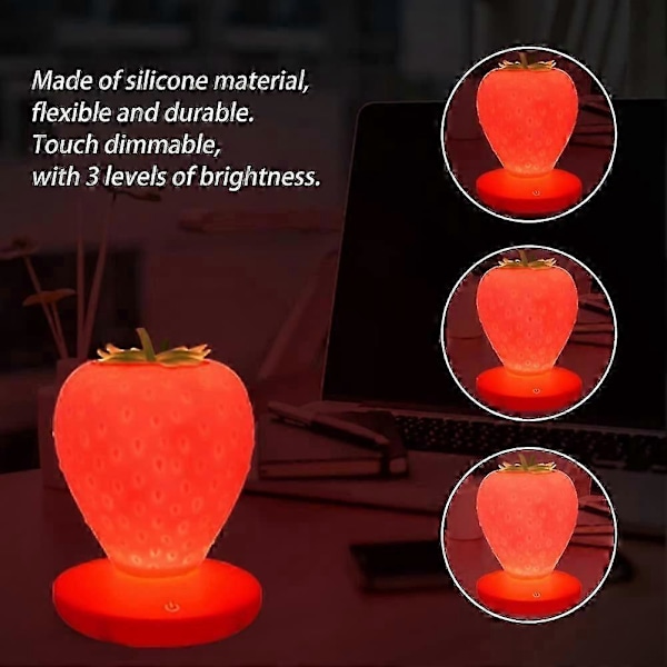 Jordbær Natlampe, Sød Silikone Natlampe, Børne Natlampe, LED Natlampe, USB Genopladelig, 3 Tilstande Touch Kontrol (Rød)_SZXM