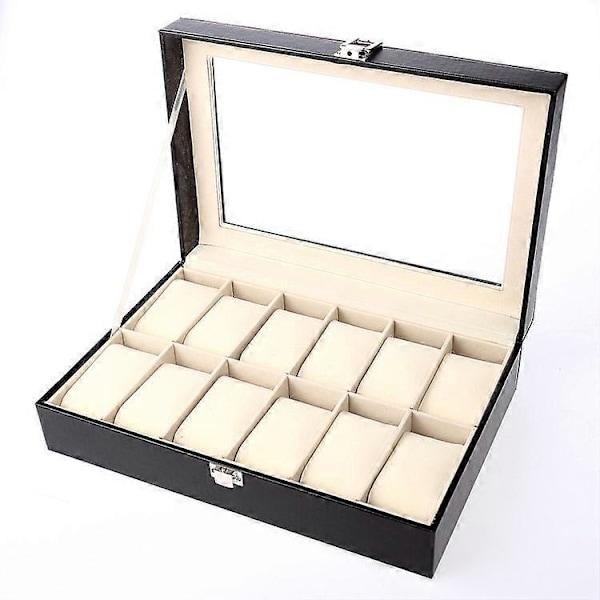 Klockbox med 12 fack gjord av PU-läder, sammet och äkta glas.