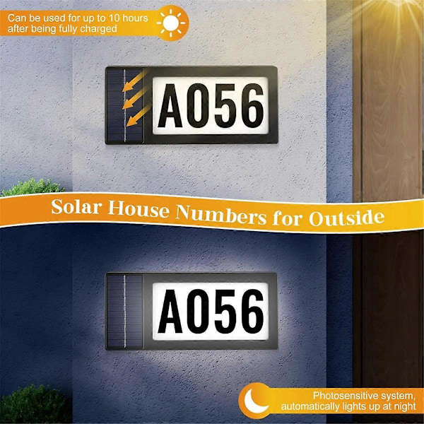 Solardriven adresskylt, upplysta husnummer solcellsdriven