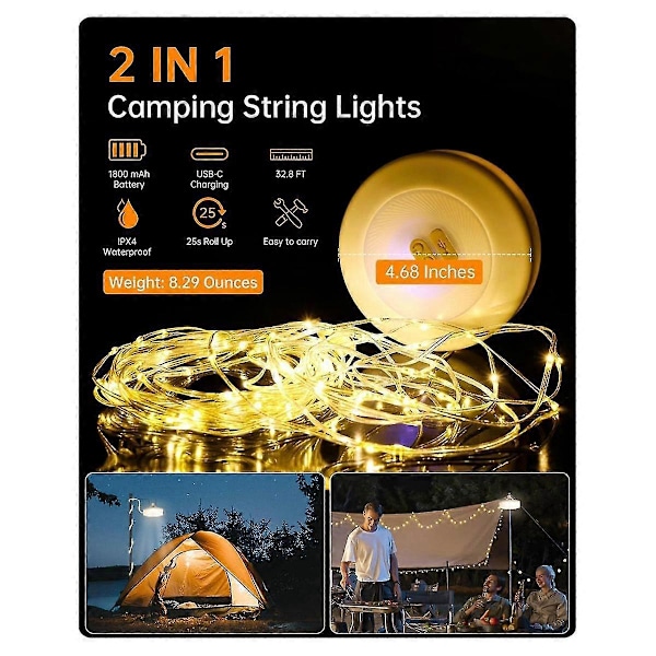 2-i-1 Utomhus Camping Ljusslinga med 5 Belysningslägen, Portabel Led Campinglykta kompatibel Tält, Yar